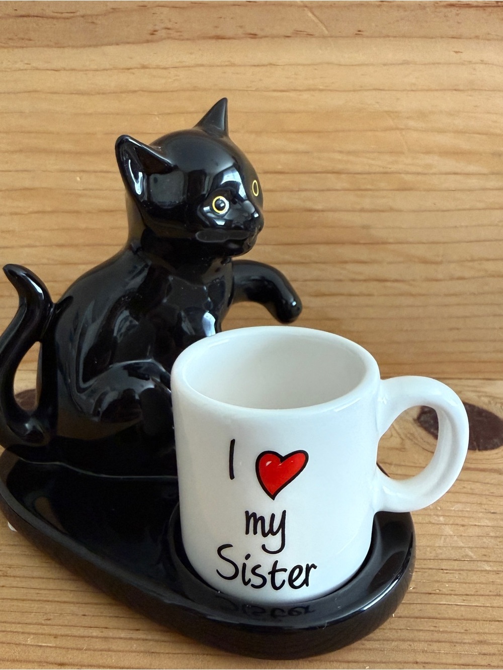 PARTYLITE Black Cat Ceramic Mini Mug and Holder -  'I ♥ my Sister' Mug ~4" x 4"